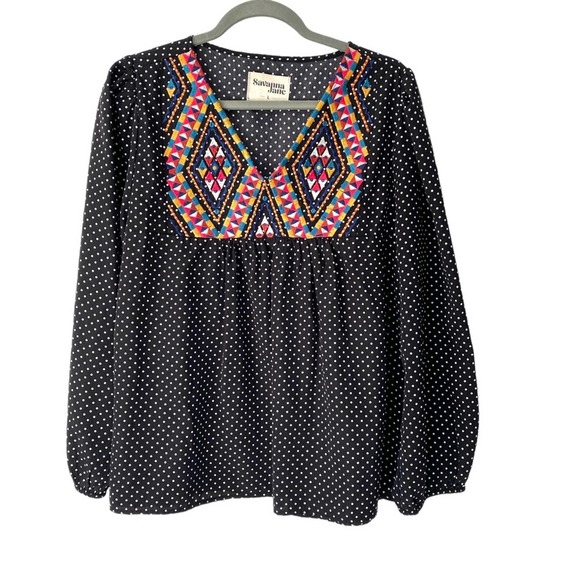 Savanna Jane Tops Savannah Jane Black White Polka Dot Embroidered